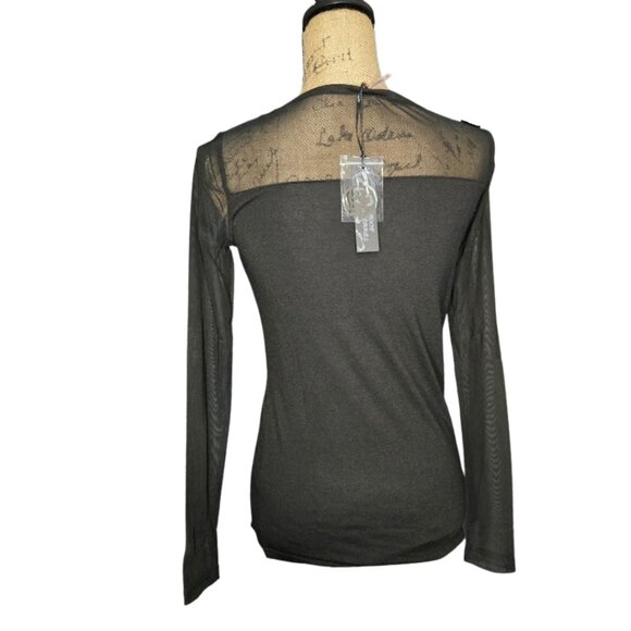 NWT Poof! Black Mesh Yoke Long Sleeve Top Sheer Shoulder Crew Neck Blouse Small - Picture 4 of 7